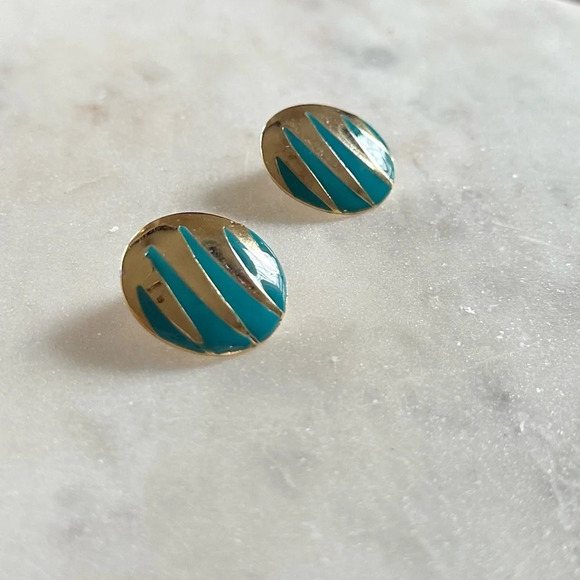 Vintage 80s Earrings Gold Tone Teal Enamel Large Round Disc Studs Statement - Picture 3 of 8